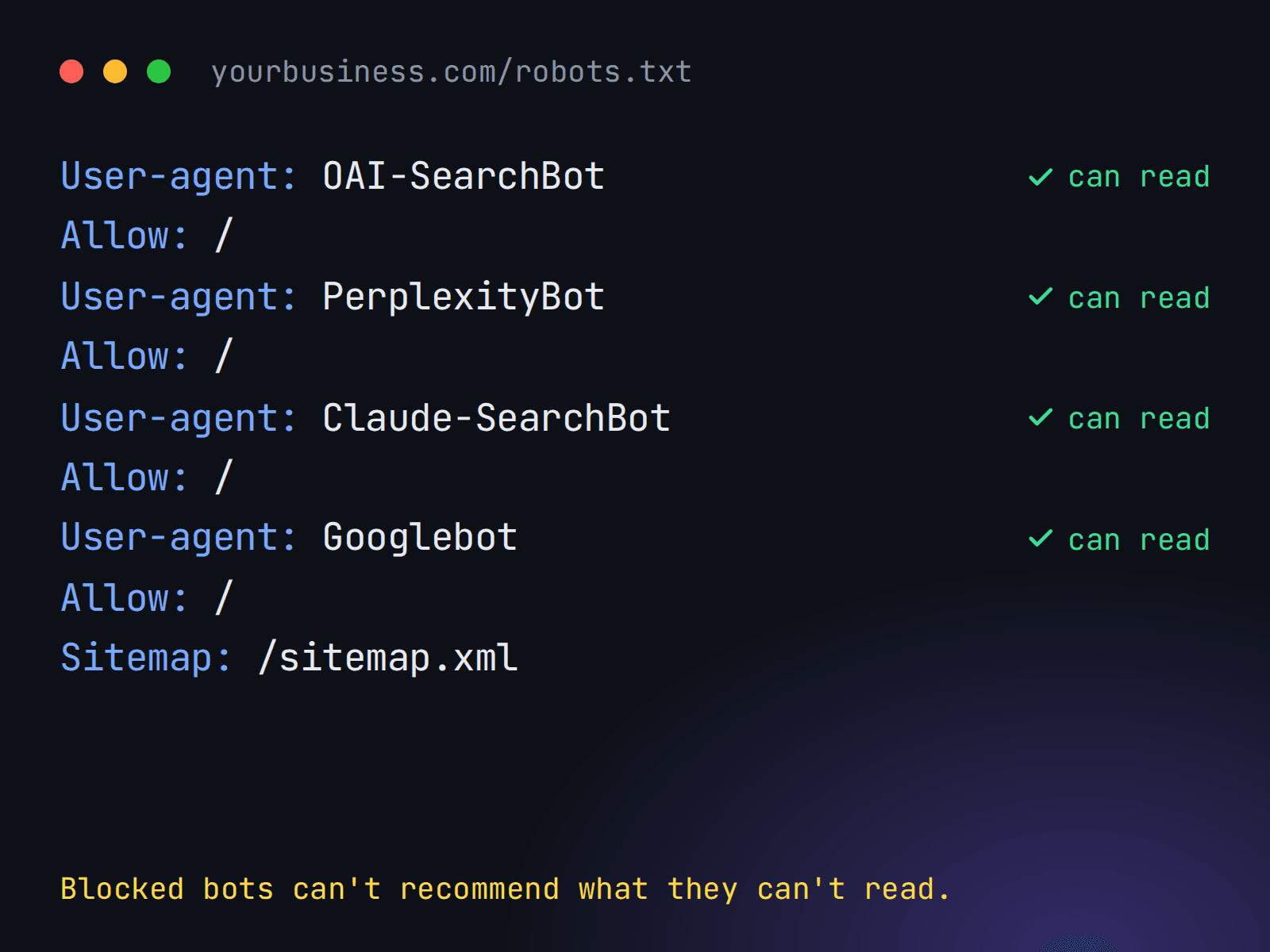 A robots.txt file allowing OAI-SearchBot, PerplexityBot, Claude-SearchBot and Googlebot, with a sitemap line.