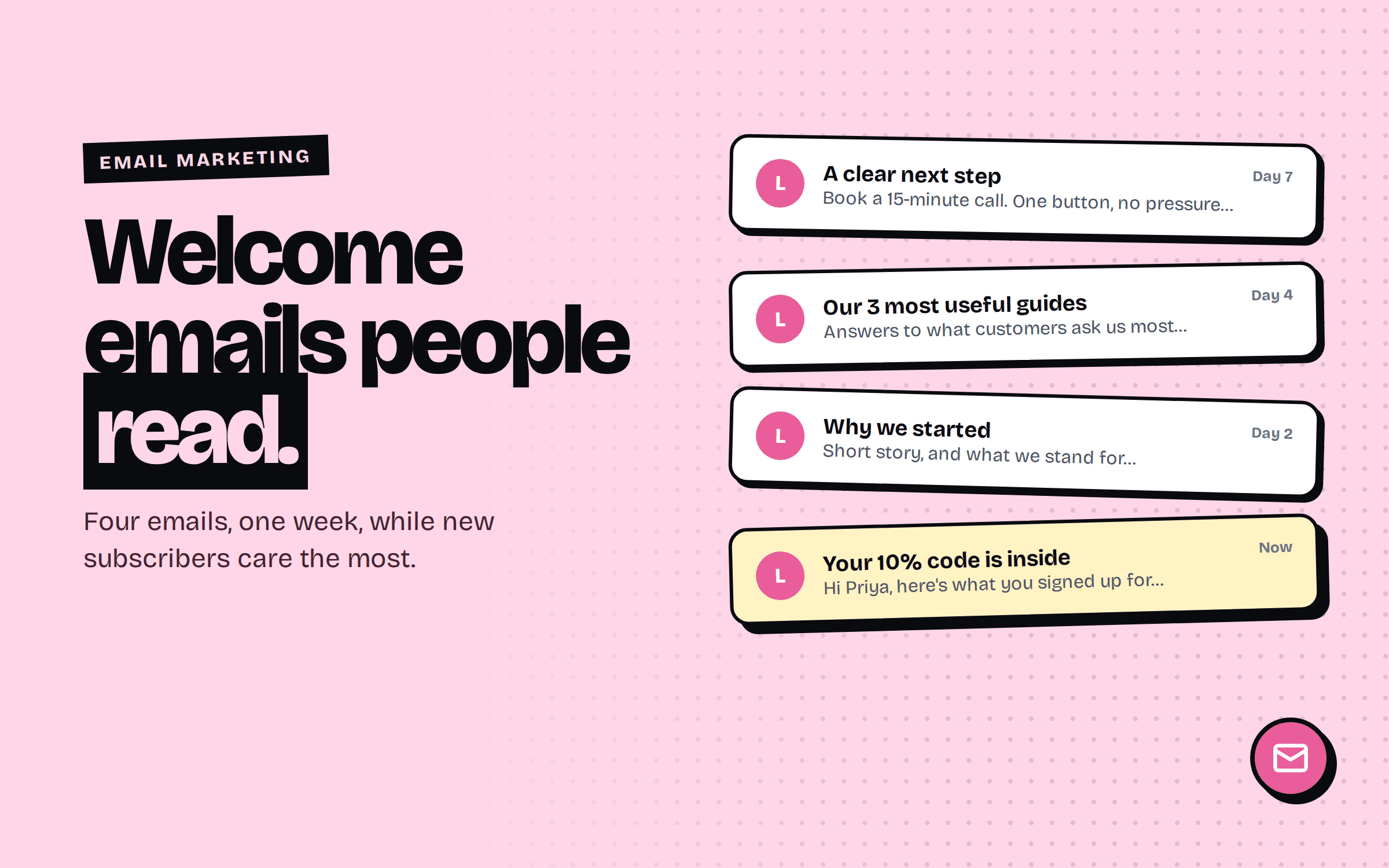 Headline 'Welcome emails people read' beside an inbox with four emails from the same sender: the 10% code now, the story on day 2, useful guides on day 4 and a clear next step on day 7.
